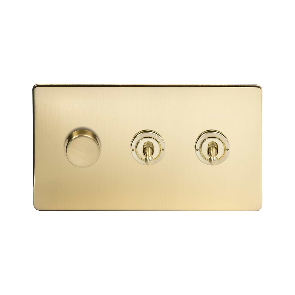 The Savoy Collection Brushed Brass 3 Gang Switch with 1 Dimmer (1x150W LED Dimmer 2x20A 2 Way Toggle)