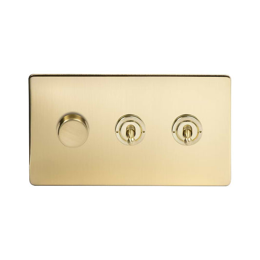 The Savoy Collection Brushed Brass 3 Gang Switch with 1 Dimmer (1x150W LED Dimmer 2x20A 2 Way Toggle)