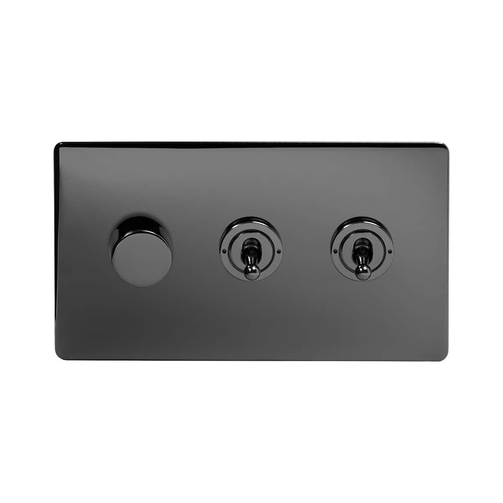 The Connaught Collection Black Nickel 3 Gang Switch with 1 Dimmer (1x150W LED Dimmer 2x20A 2 Way Toggle)