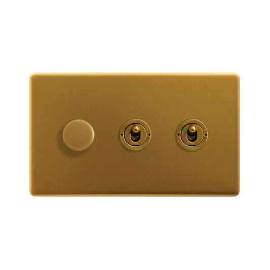 The Sloane Collection Antique Gold 3 Gang Switch with 1 Dimmer (1x150W LED Dimmer 2x20A 2 Way Toggle)