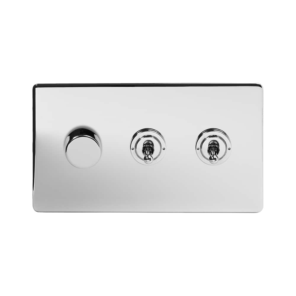 The Finsbury Collection Polished Chrome 3 Gang Switch with 1 Dimmer (1x150W LED Dimmer 2x20A 2 Way Toggle)