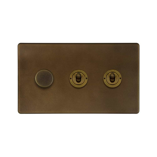 The Westminster Collection Vintage Brass 3 Gang Switch with 1 Dimmer (1 x 150W LED Dimmer 2 x 20A 2 Way Toggle)