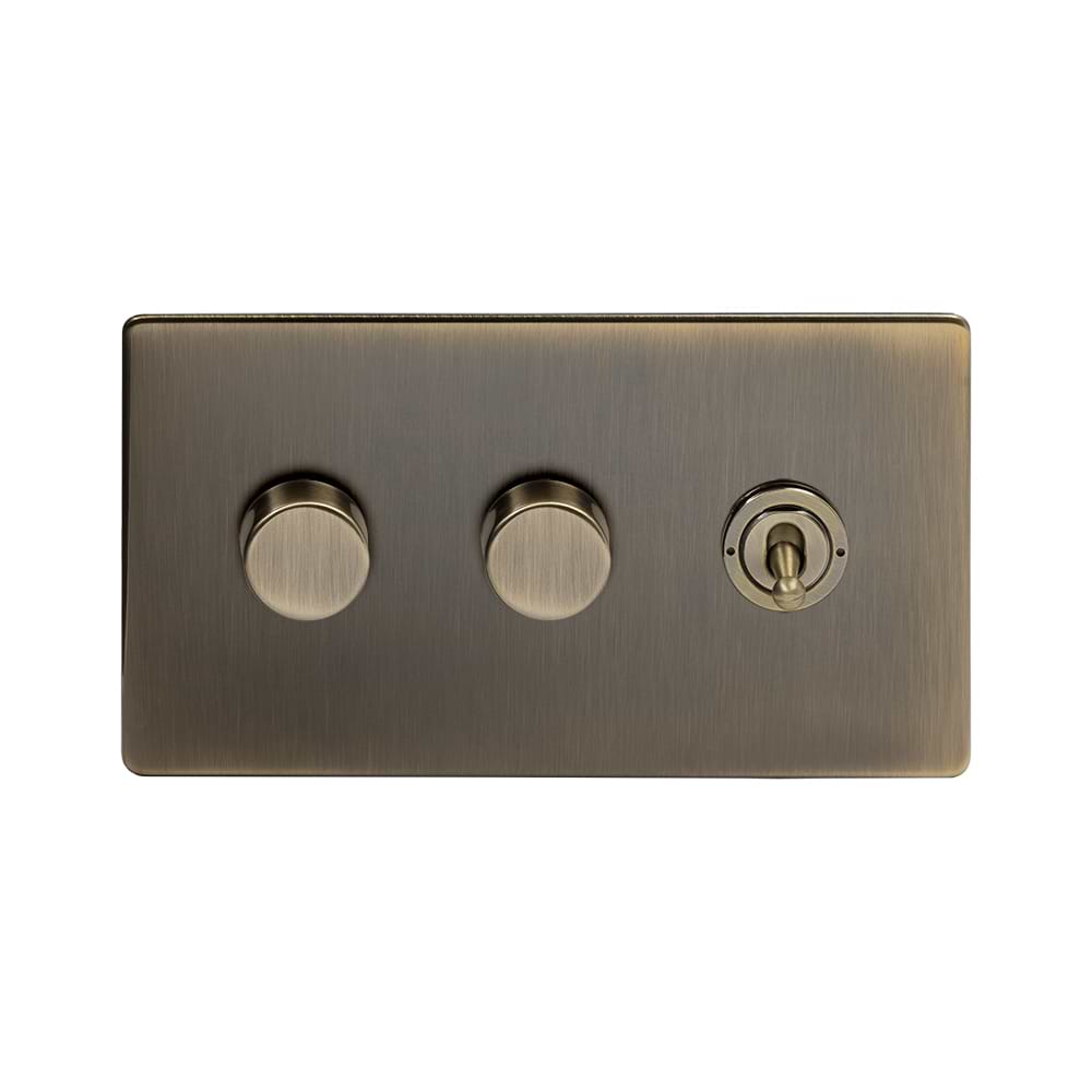 The Charterhouse Collection 3 Gang Switch with 2 Dimmers (2 x 2 Way Intelligent Dimmer 1 x 20A 2 Way Toggle) Antique Brass