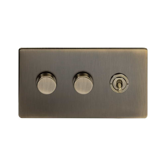 The Charterhouse Collection 3 Gang Switch with 2 Dimmers (2 x 2 Way Intelligent Dimmer 1 x 20A 2 Way Toggle) Antique Brass