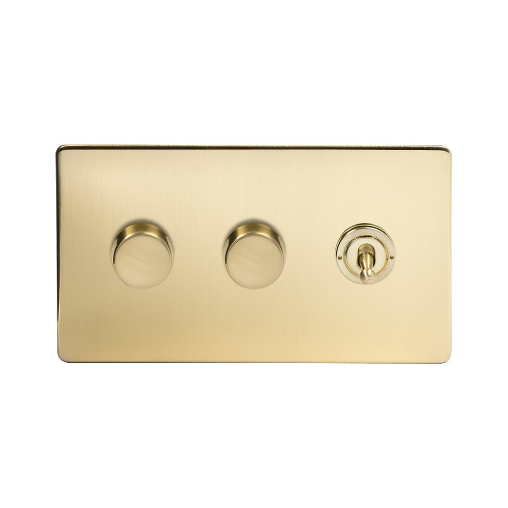 The Savoy Collection Brushed Brass 3 Gang Switch with 2 Dimmers (2x150W LED Dimmer 1x20A 2 Way Toggle)