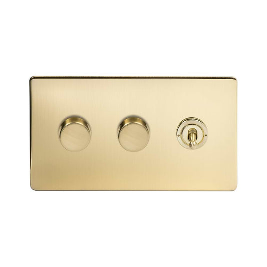 The Savoy Collection Brushed Brass 3 Gang Switch with 2 Dimmers (2x150W LED Dimmer 1x20A 2 Way Toggle)