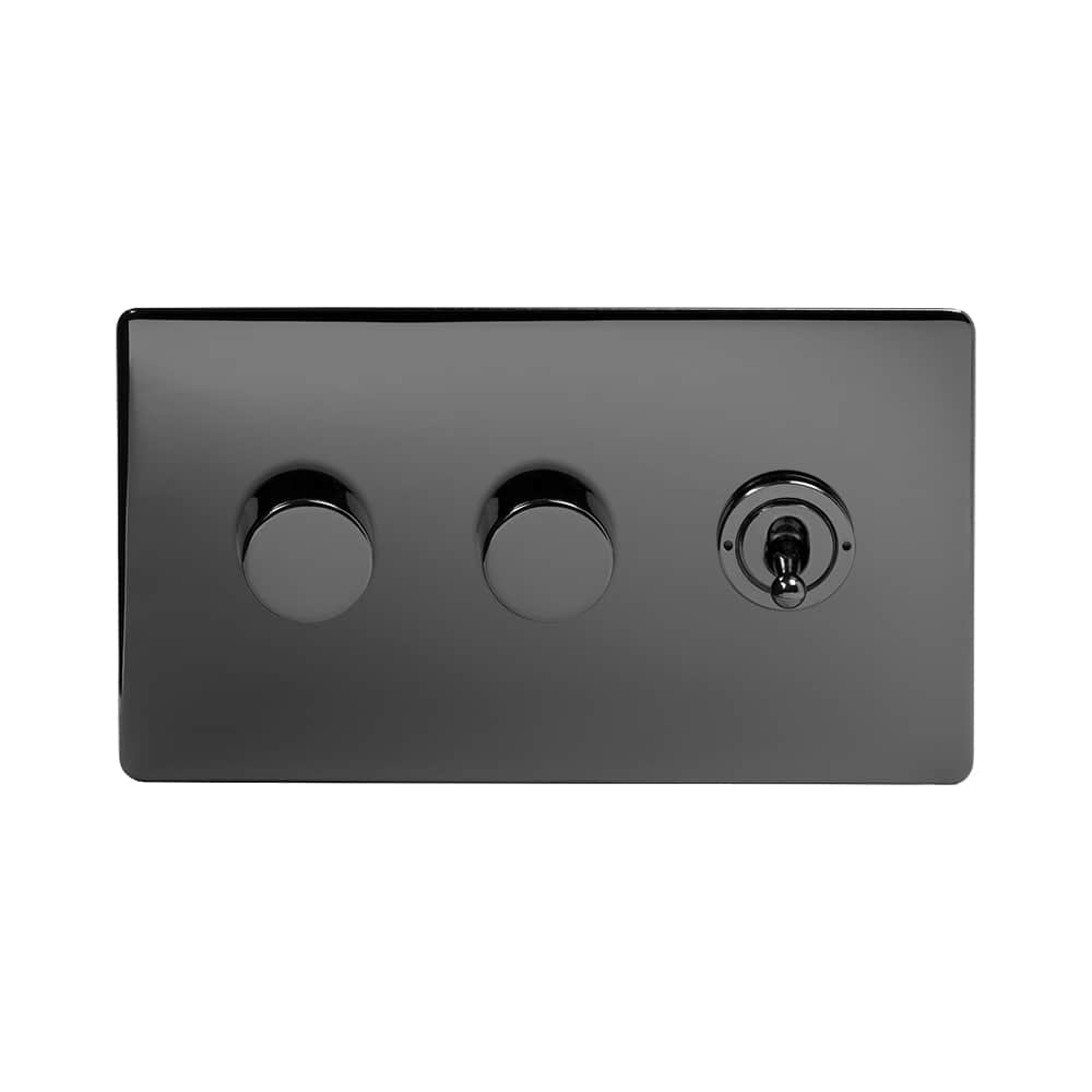 The Connaught Collection Black Nickel 3 Gang Switch with 2 Dimmers (2x150W LED Dimmer 1x20A 2 Way Toggle)