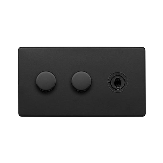 The Camden Collection Matt Black 3 Gang Switch with 2 Dimmers (2x150W LED Dimmer 1x20A 2 Way Toggle)