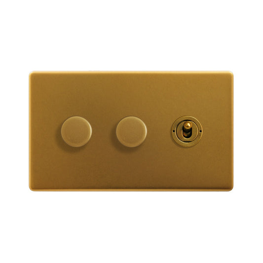 The Sloane Collection Antique Gold 3 Gang Switch with 2 Dimmers (2 x 150W LED Dimmer 1 x 20A 2 Way Toggle)