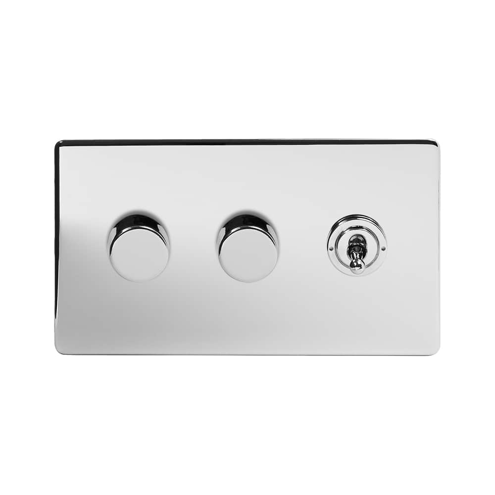 The Finsbury Collection Polished Chrome 3 Gang Switch with 2 Dimmers (2x150W LED Dimmer 1x20A 2 Way Toggle)