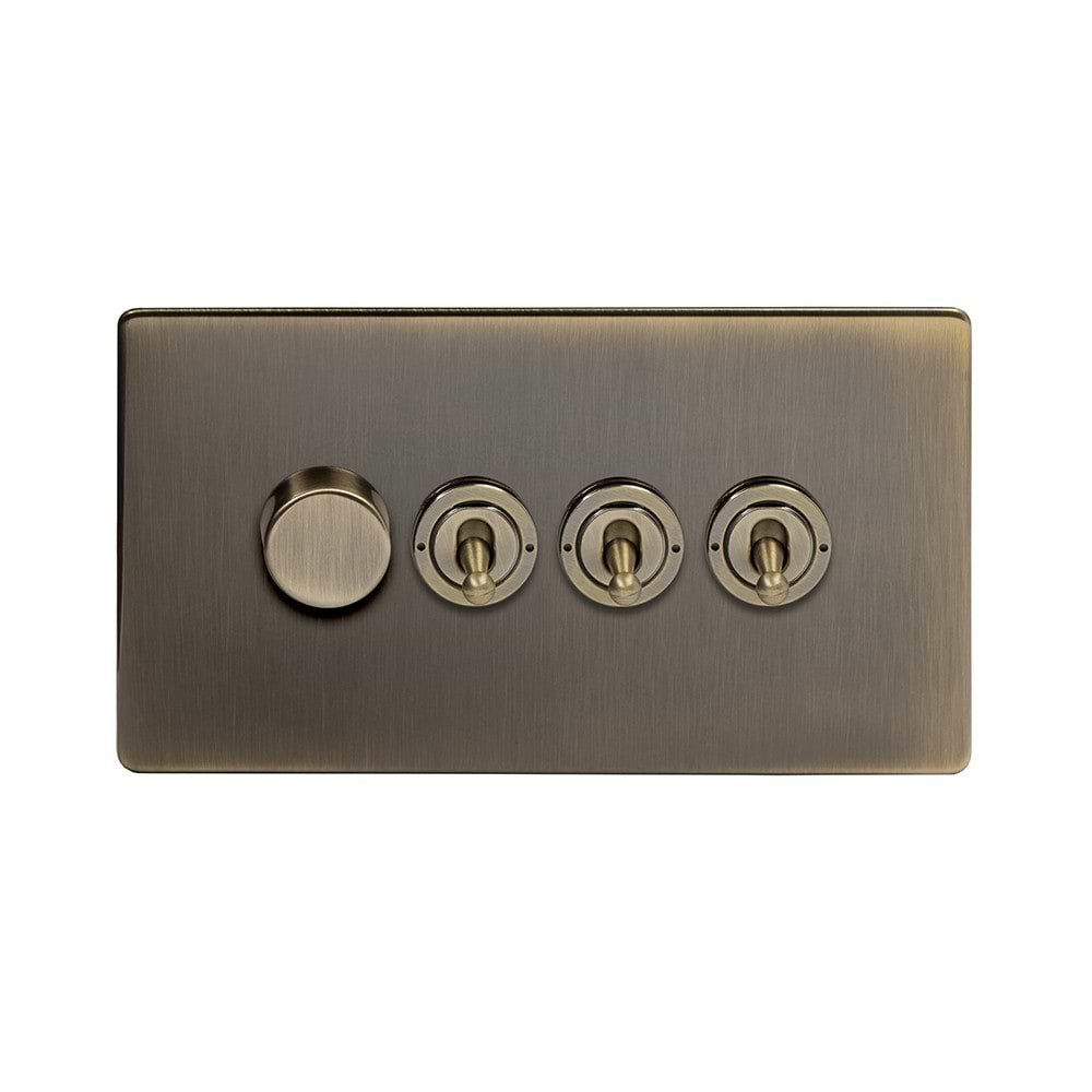 The Charterhouse Collection 4 Gang Switch with 1 Dimmer (1 x 2 Way Intelligent Dimmer 3 x 20A 2 Way Toggle) Antique Brass
