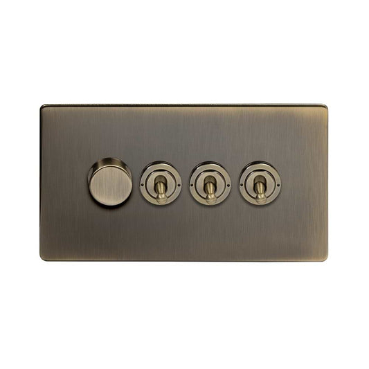 The Charterhouse Collection 4 Gang Switch with 1 Dimmer (1 x 2 Way Intelligent Dimmer 3 x 20A 2 Way Toggle) Antique Brass