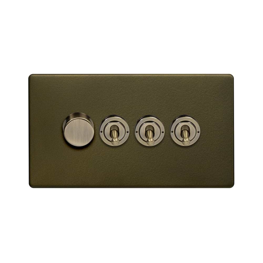 The Eton Collection Bronze 4 Gang Switch with 1 Dimmer (1x150W LED Dimmer 3x20A 2 Way Toggle)