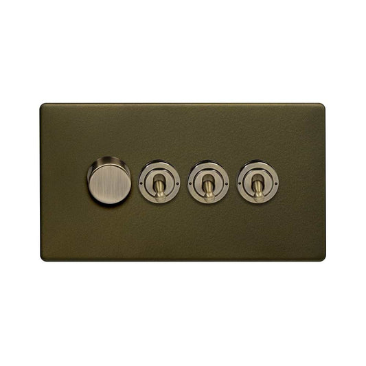 The Eton Collection Bronze 4 Gang Switch with 1 Dimmer (1x150W LED Dimmer 3x20A 2 Way Toggle)