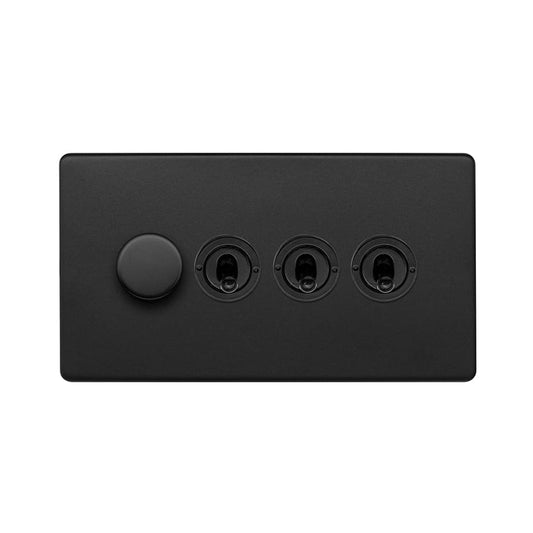 The Camden Collection Matt Black 4 Gang Switch with 1 Dimmer (1x150W LED Dimmer 3x20A 2 Way Toggle)