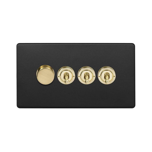 The Camden Collection Matt Black & Brushed Brass 4 Gang Switch with 1 Dimmer (1x150W LED Dimmer 3x20A 2 Way Toggle)