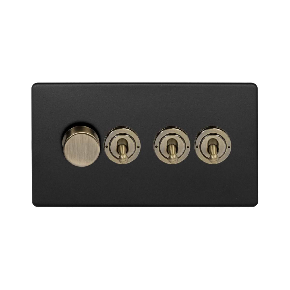 Soho Lighting Matt Black and Antique Brass 4 Gang Switch with 1 Dimmer (1x150W LED Dimmer 3x20A 2 Way Toggle)