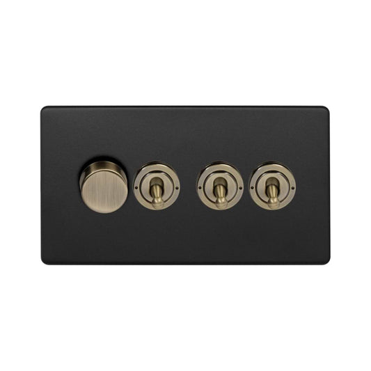 Soho Lighting Matt Black and Antique Brass 4 Gang Switch with 1 Dimmer (1x150W LED Dimmer 3x20A 2 Way Toggle)