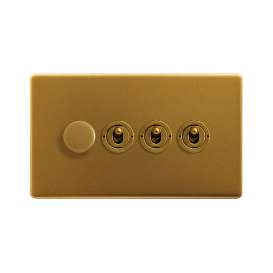 The Sloane Collection Antique Gold 4 Gang Switch with 1 Dimmer (1x150W LED Dimmer 3x20A 2 Way Toggle)