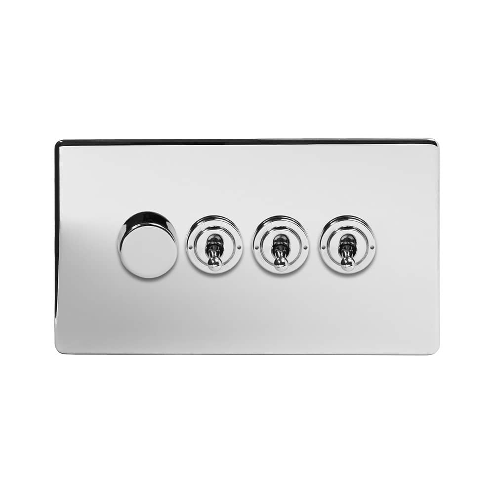 The Finsbury Collection Polished Chrome 4 Gang Switch with 1 Dimmer (1x150W LED Dimmer 3x20A 2 Way Toggle)