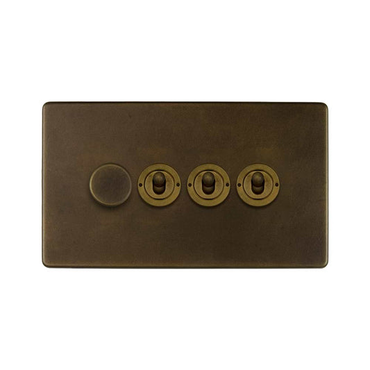 The Westminster Collection Vintage Brass 4 Gang Switch with 1 Dimmer (1 x 150W LED Dimmer 3 x 20A 2 Way Toggle)