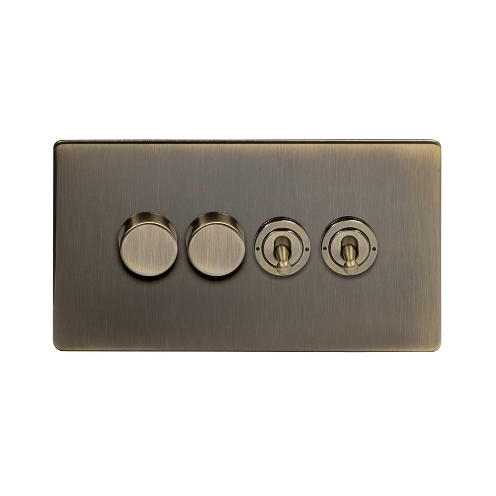The Charterhouse Collection 4 Gang Switch with 2 Dimmers (2 x 2 Way Intelligent Dimmer 2 x 20A 2 Way Toggle) Antique Brass