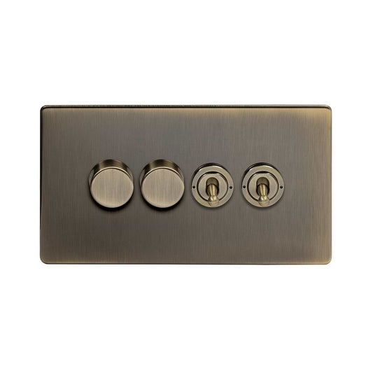 The Charterhouse Collection 4 Gang Switch with 2 Dimmers (2 x 2 Way Intelligent Dimmer 2 x 20A 2 Way Toggle) Antique Brass