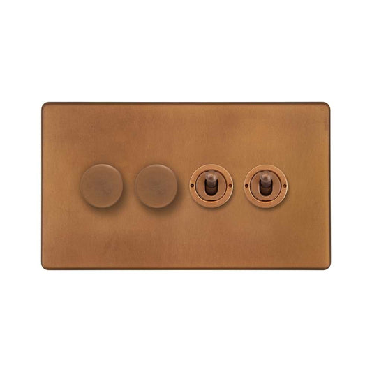 The Chiswick Collection Antique Copper 4 Gang Switch with 2 Dimmers (2x150W LED Dimmer 2x20A 2 Way Toggle)