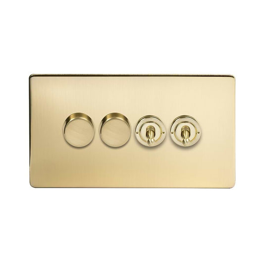 The Savoy Collection Brushed Brass 4 Gang Switch with 2 Dimmers (2x150W LED Dimmer 2x20A 2 Way Toggle)