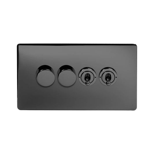 The Connaught Collection Black Nickel 4 Gang Switch with 2 Dimmers (2x150W LED Dimmer 2x20A 2 Way Toggle)