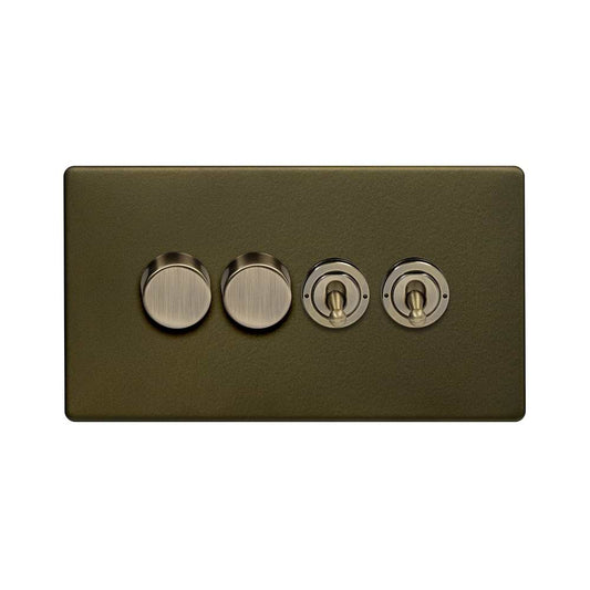 The Eton Collection Bronze 4 Gang Switch with 2 Dimmers (2x150W LED Dimmer 2x20A 2 Way Toggle)