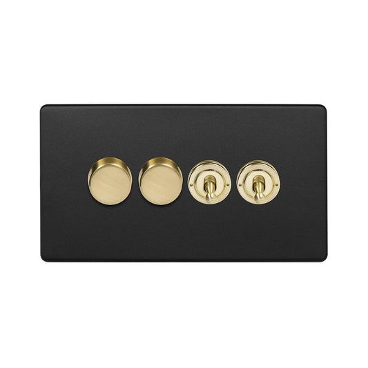 The Camden Collection Matt Black & Brushed Brass 4 Gang Switch with 2 Dimmers (2x150W LED Dimmer 2x20A 2 Way Toggle)