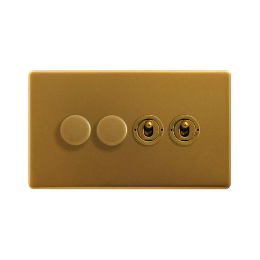 The Sloane Collection Antique Gold 4 Gang Switch with 2 Dimmers (2x150W LED Dimmer 2x20A 2 Way Toggle)