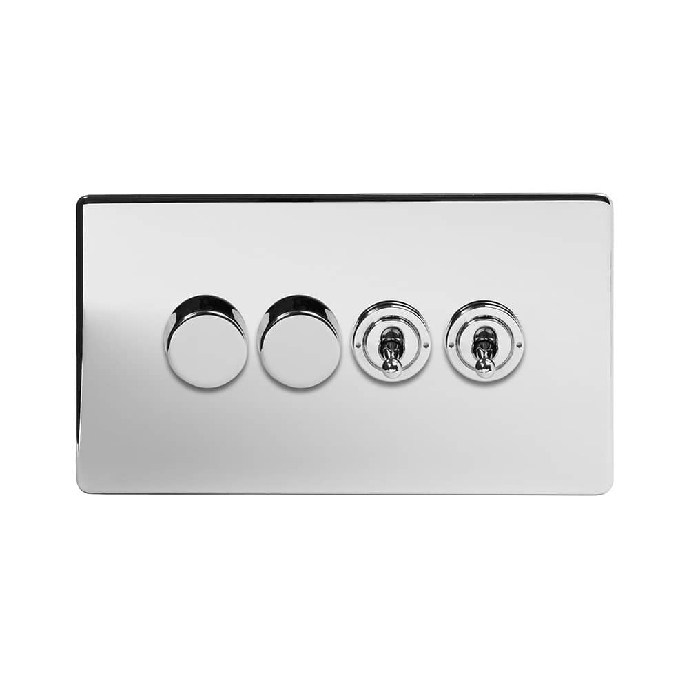 The Finsbury Collection Polished Chrome 4 Gang Switch with 2 Dimmers (2x150W LED Dimmer 2x20A 2 Way Toggle)