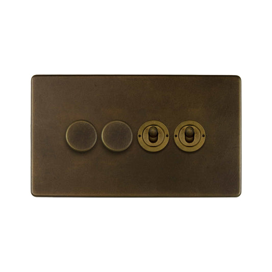 The Westminster Collection Vintage Brass 4 Gang Switch with 2 Dimmers (2 x 150W LED Dimmer 2 x 20A 2 Way Toggle)