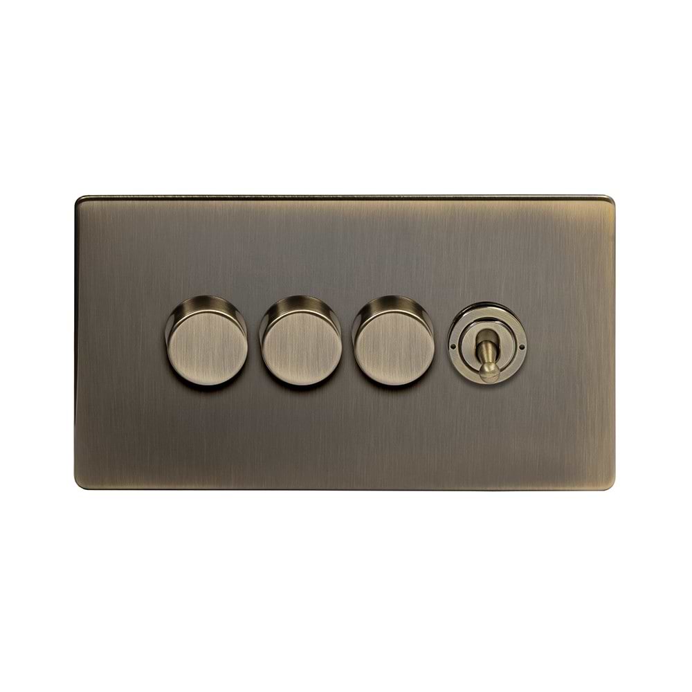 The Charterhouse Collection 4 Gang Switch with 3 Dimmers (3 x 150W LED Dimmer 1 x 20A 2 Way Toggle) Antique Brass