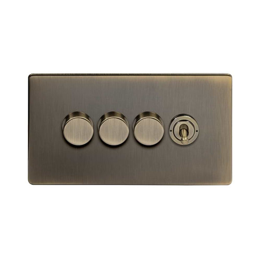 The Charterhouse Collection 4 Gang Switch with 3 Dimmers (3 x 150W LED Dimmer 1 x 20A 2 Way Toggle) Antique Brass