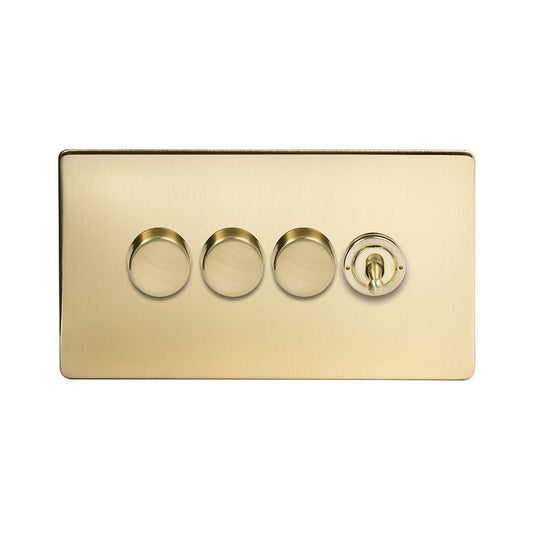 The Savoy Collection Brushed Brass 4 Gang Switch with 3 Dimmers (3x150W LED Dimmer 1x20A 2 Way Toggle)