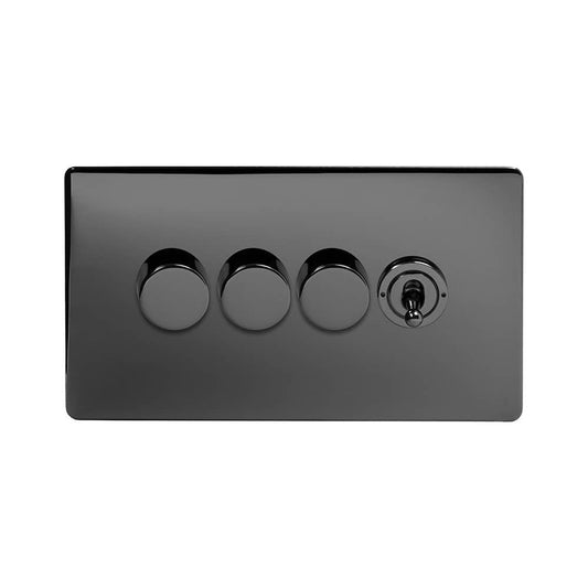 The Connaught Collection Black Nickel 4 Gang Switch with 3 Dimmers (3x150W LED Dimmer 1x20A 2 Way Toggle)