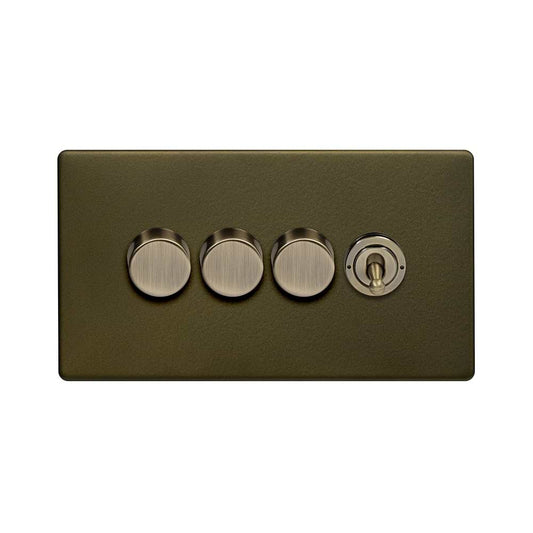 The Eton Collection Bronze 4 Gang Switch with 3 Dimmers (3x150W LED Dimmer 1x20A 2 Way Toggle)