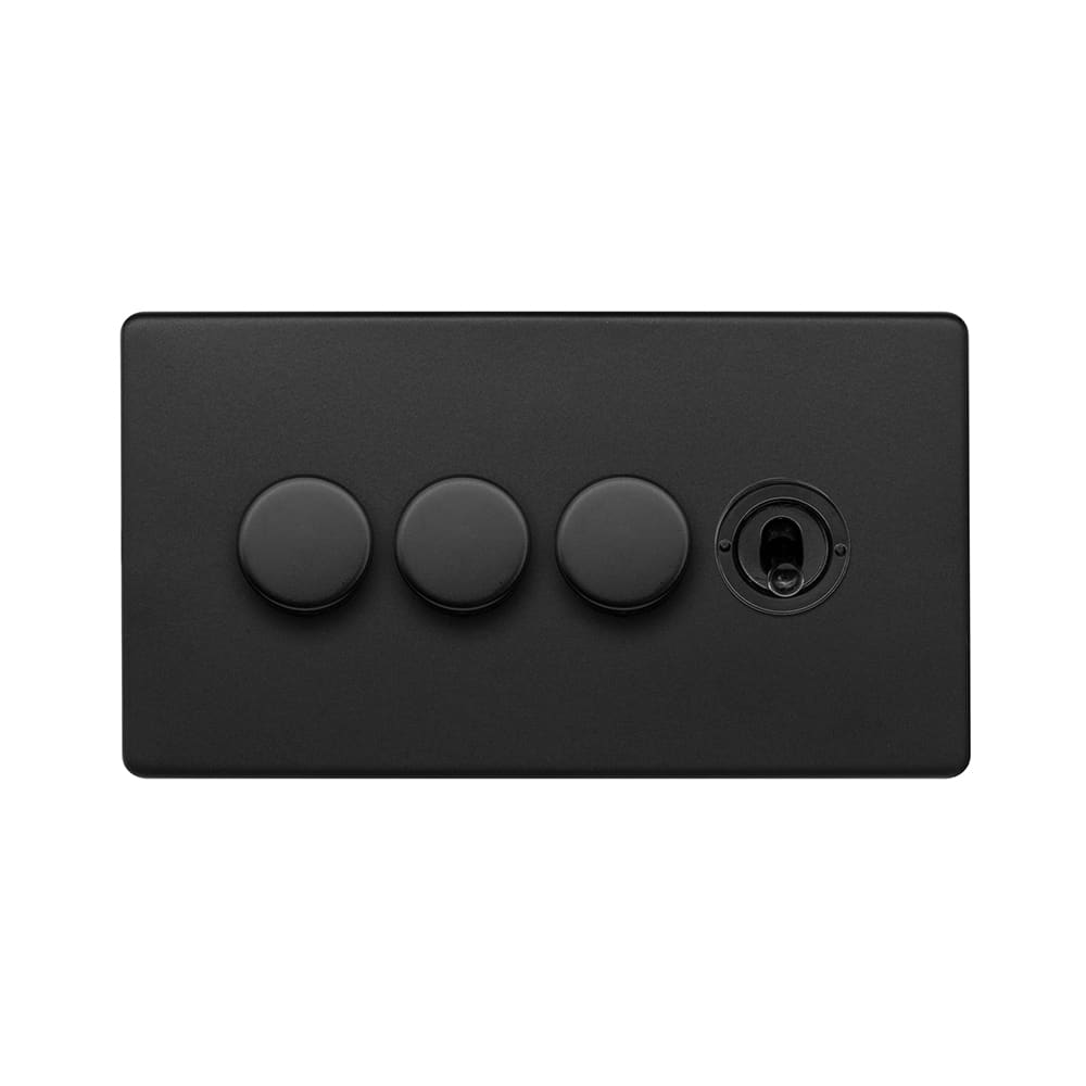 The Camden Collection Matt Black 4 Gang Switch with 3 Dimmers (3x150W LED Dimmer 1x20A 2 Way Toggle)
