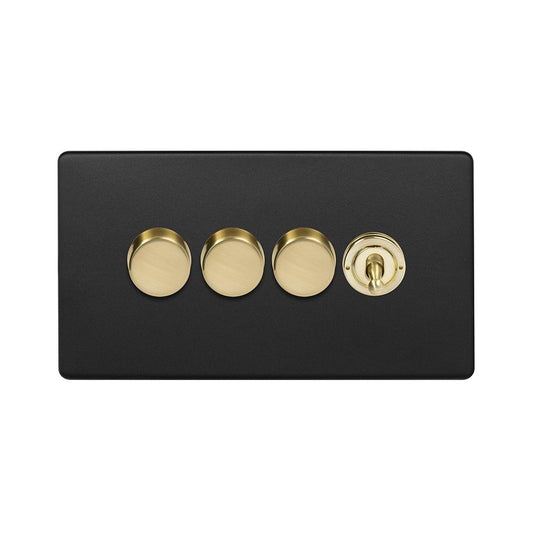 The Camden Collection Matt Black & Brushed Brass 4 Gang Switch with 3 Dimmers (3x150W LED Dimmer 1x20A 2 Way Toggle)