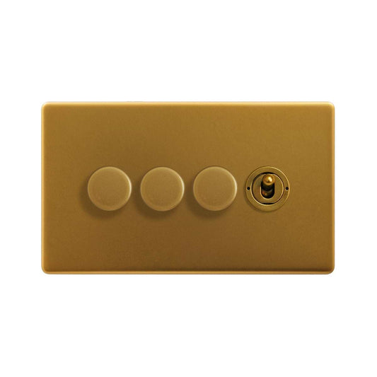 The Sloane Collection Antique Gold 4 Gang Switch with 3 Dimmers (3x150W LED Dimmer 1x20A 2 Way Toggle)