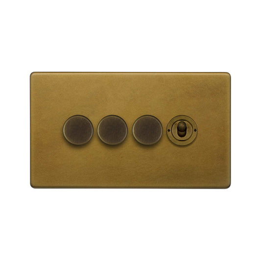 The Belgravia Collection Old Brass 4 Gang Switch with 3 Dimmers (3x150W LED Dimmer 1x20A 2 Way Toggle)