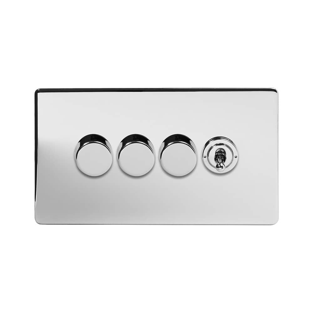 The Finsbury Collection Polished Chrome 4 Gang Switch with 3 Dimmers (3x150W LED Dimmer 1x20A 2 Way Toggle)