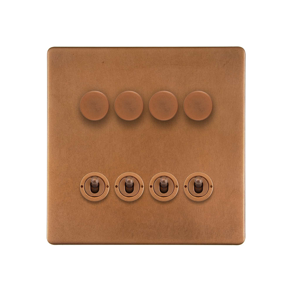 The Chiswick Collection Antique Copper 8 Gang Dimmer & Toggle Combo 4x150W LED Dimmer 4x20A Toggle