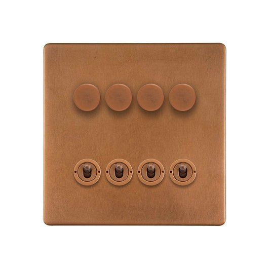 The Chiswick Collection Antique Copper 8 Gang Dimmer & Toggle Combo 4x150W LED Dimmer 4x20A Toggle
