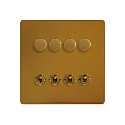The Sloane Collection Antique Gold 8 Gang Dimmer & Toggle Combo 4 x 150W LED Dimmer 4 x 20A Toggle
