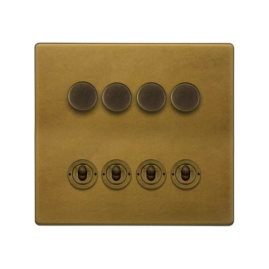 The Belgravia Collection Old Brass 8 Gang Dimmer & Toggle Combo 4 x 150W LED Dimmer 4 x 20A Toggle