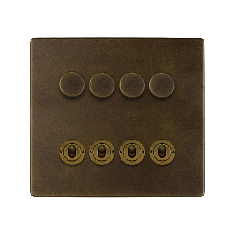 The Westminster Collection Vintage Brass 8 Gang Dimmer & Toggle Combo 4 x 150W LED Dimmer 4 x 20A Toggle